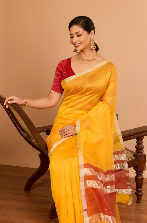 Yellow Silk Cotton Chanderi Woven Saree