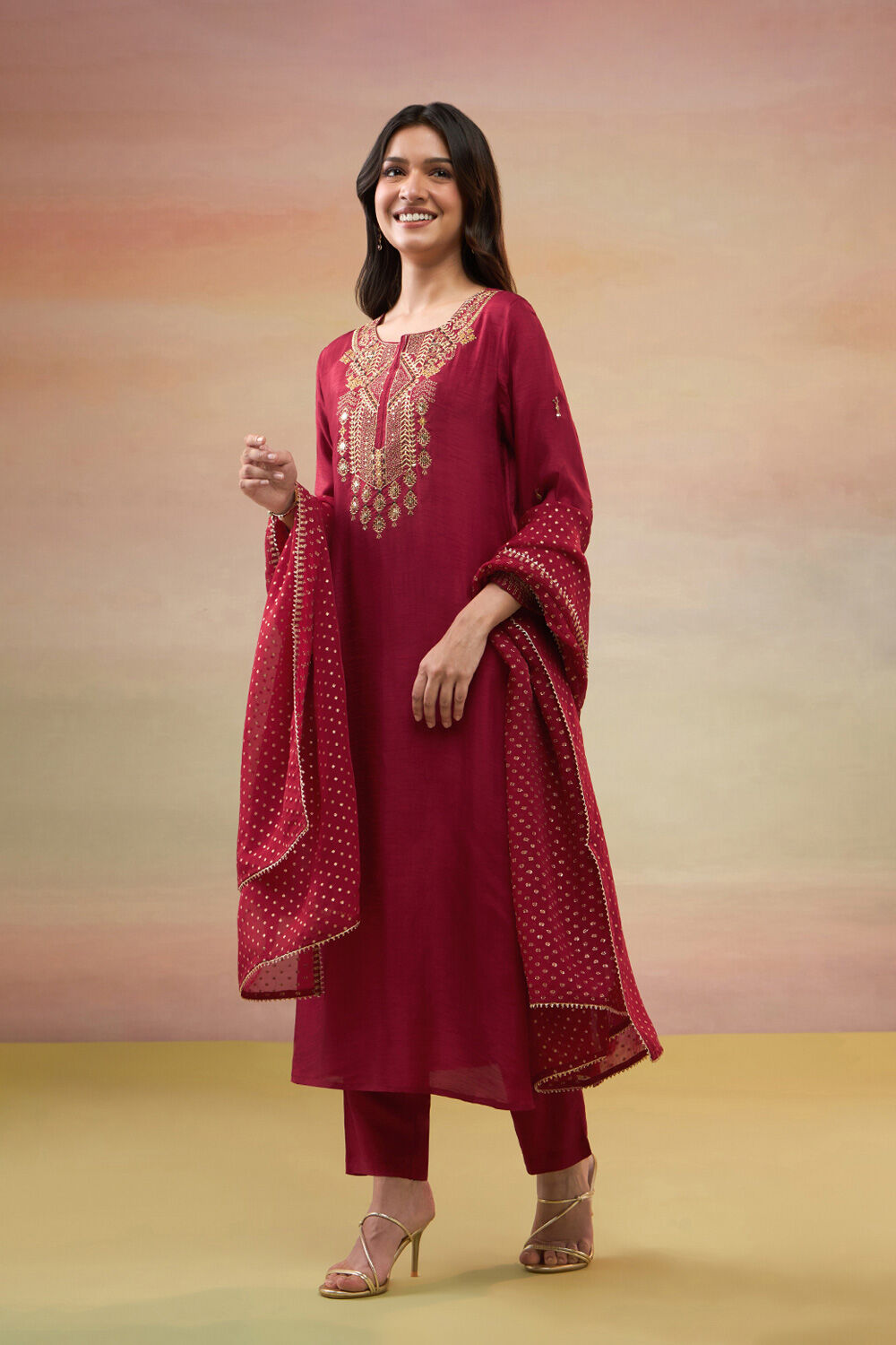 Red Pure Viscose Embroidered Kurta Set image number null