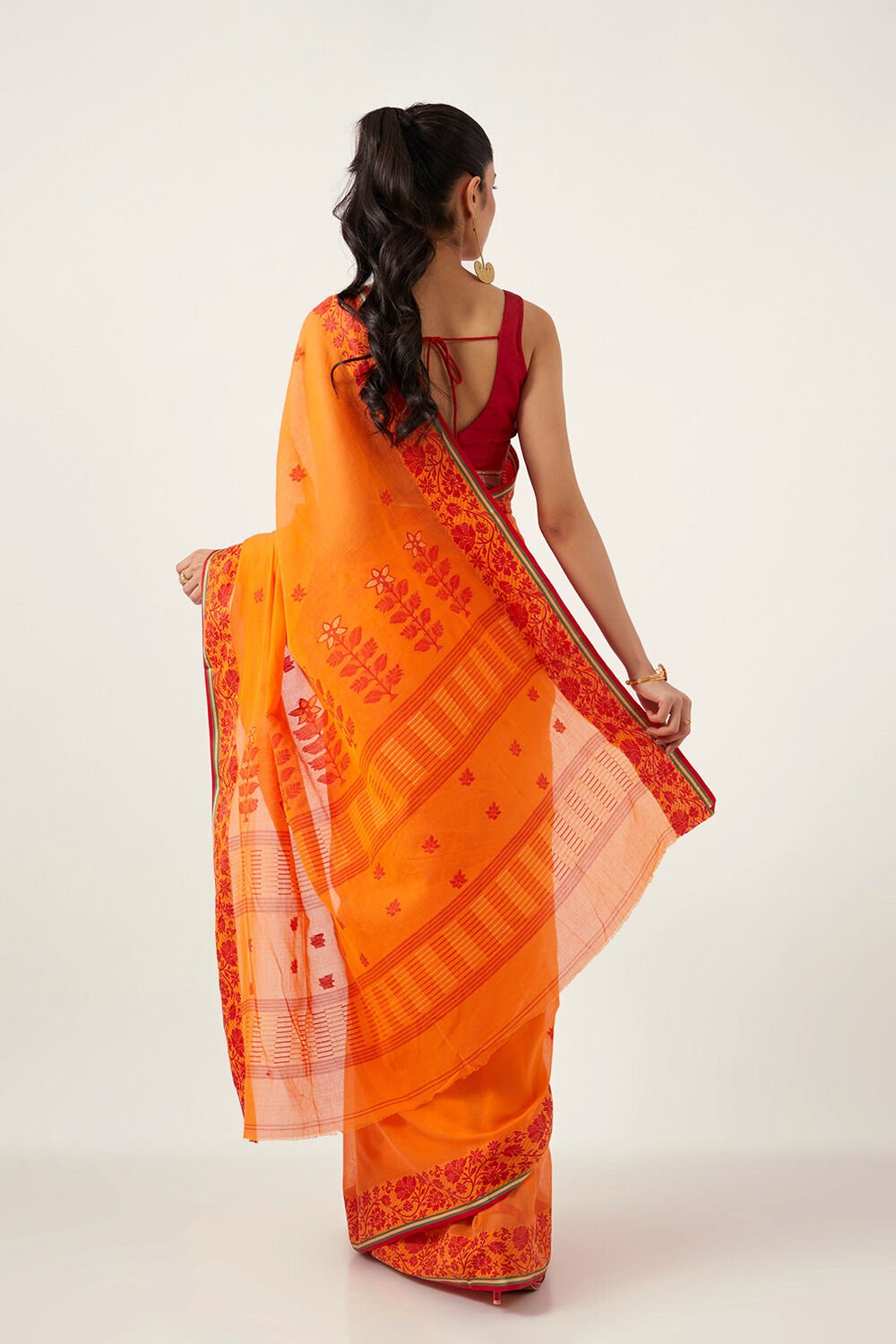Orange Pure Cotton Jamdani Bengali Saree image number null