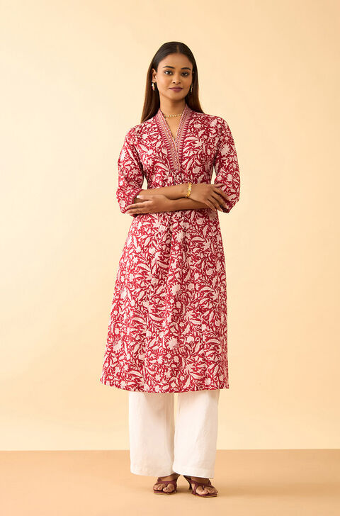 Dark Red Pure Cotton Printed Sanganeri Kurta