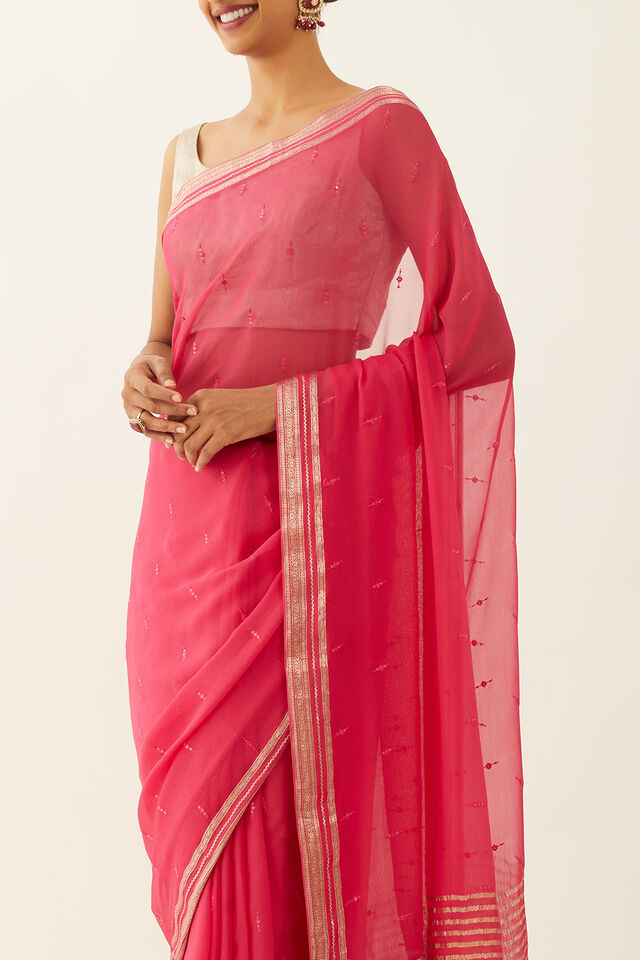 Pink Pure Chiffon Embroidered Saree