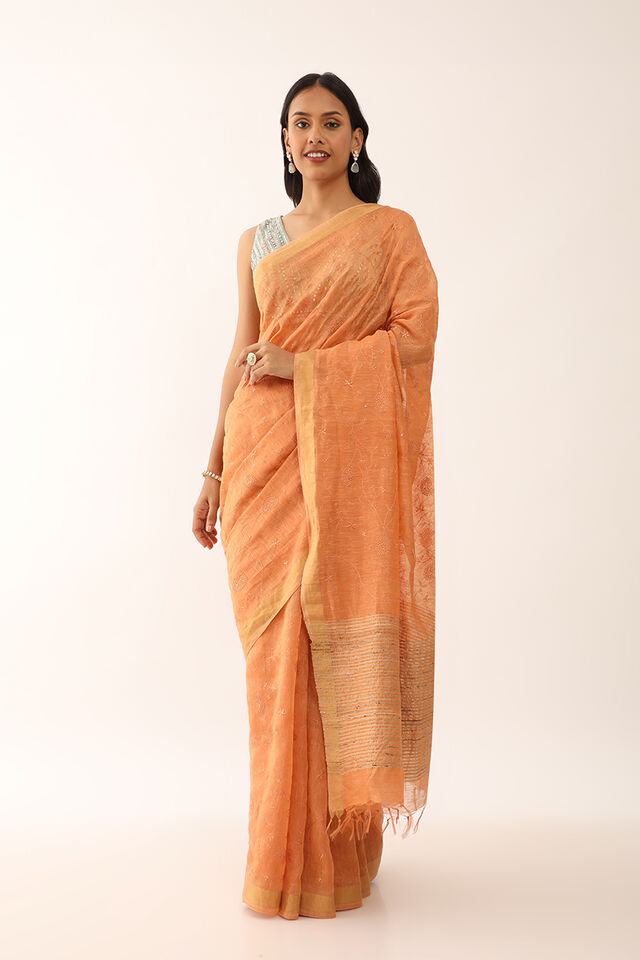 Orange Bhagalpur Pure Silk Linen Embroidered Saree