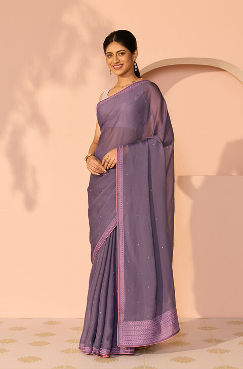 Violet Viscose Organza Embroidered Saree