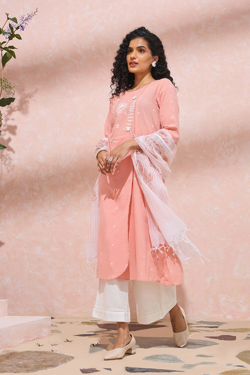 Light Orange Pure Cotton Printed Embroidery Kurta Set image number null