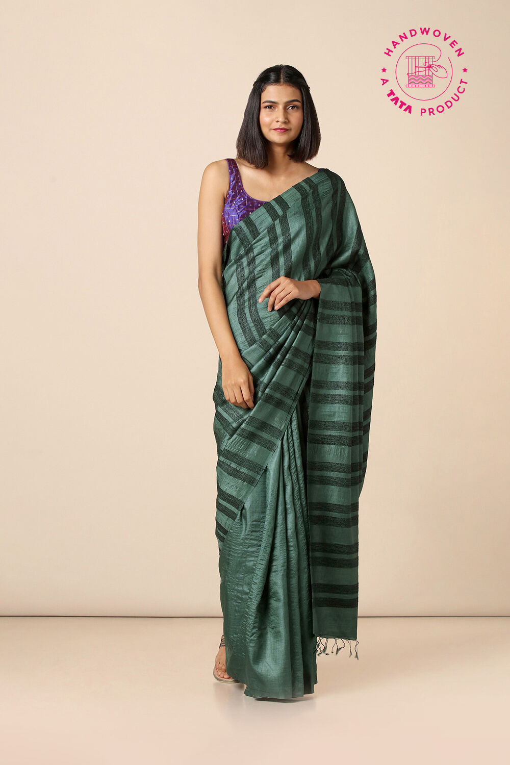 Green Pure Tussar Silk Woven Saree image number null