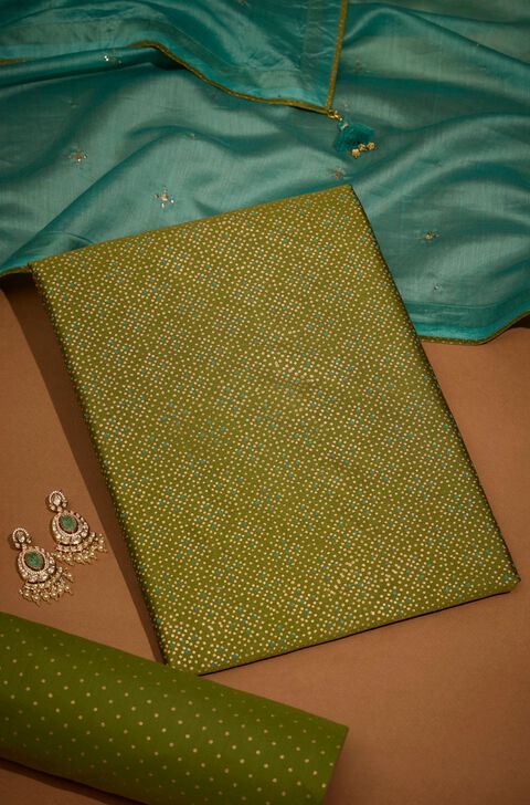 Green Pure Silk Cotton Printed Mukaish Unstitched Suit Set