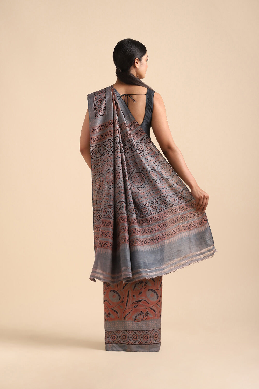 Red Pure Khadi Silk Ajrakh Printed Saree image number null