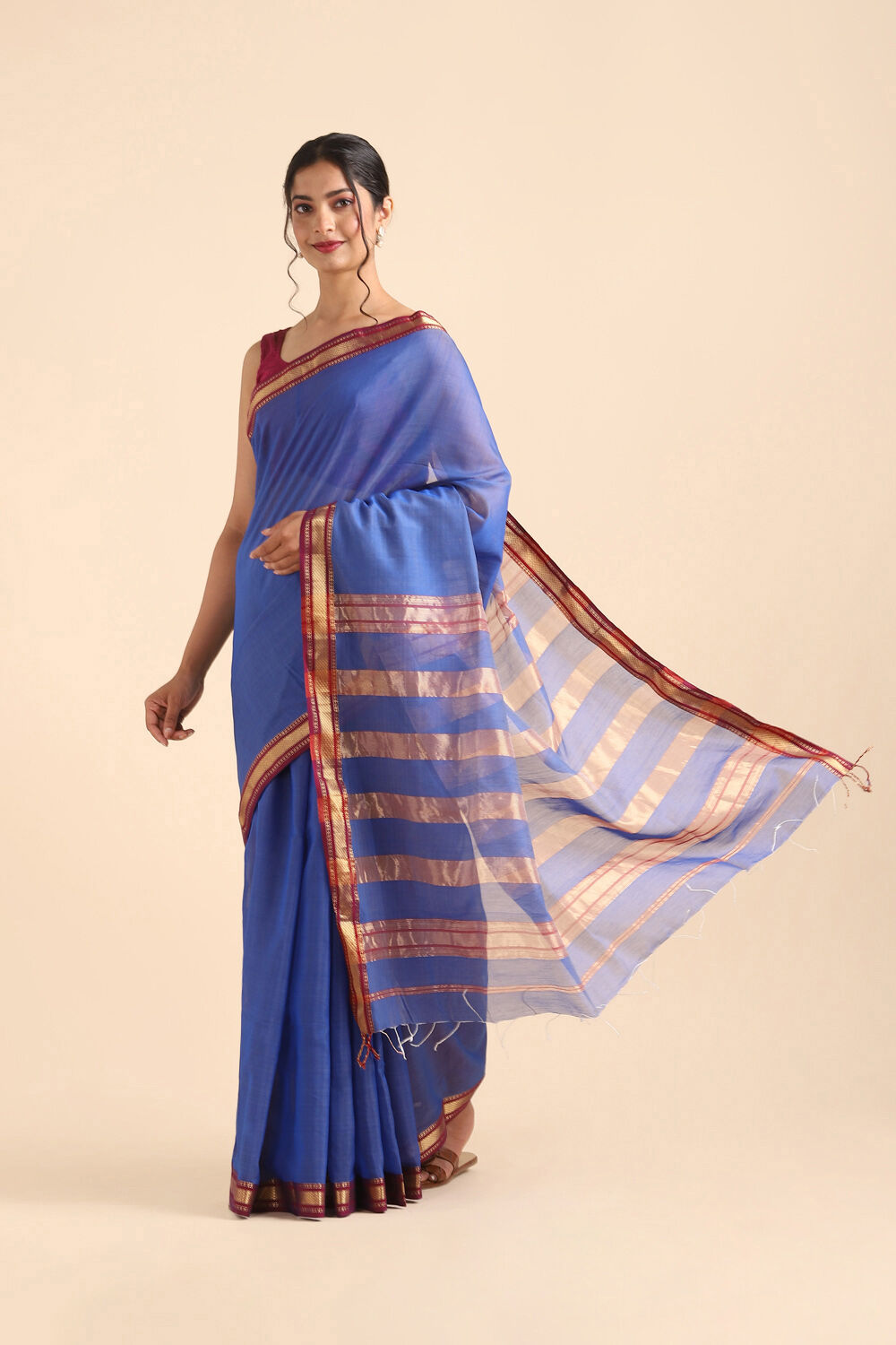 Dark Blue Pure Silk Cotton Maheswari Saree image number null