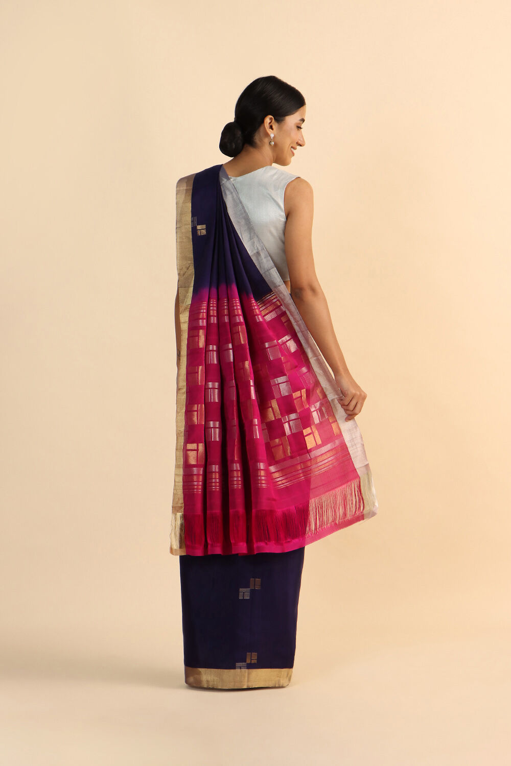Dark Blue Pure Silk Tencel South Saree image number null