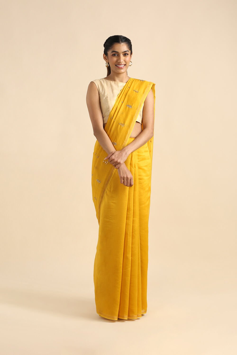 Yellow Pure Silk Cotton Embroidered Saree image number null
