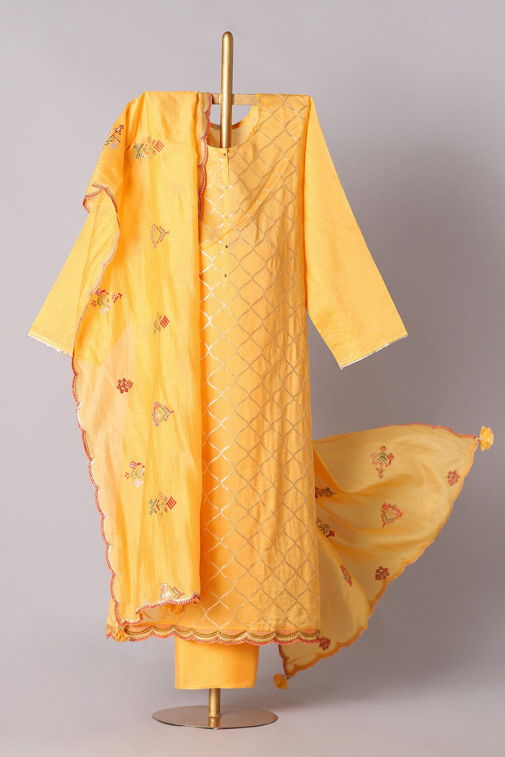 Yellow Silk Cotton Embroidered Semistitched Suit Set image number null