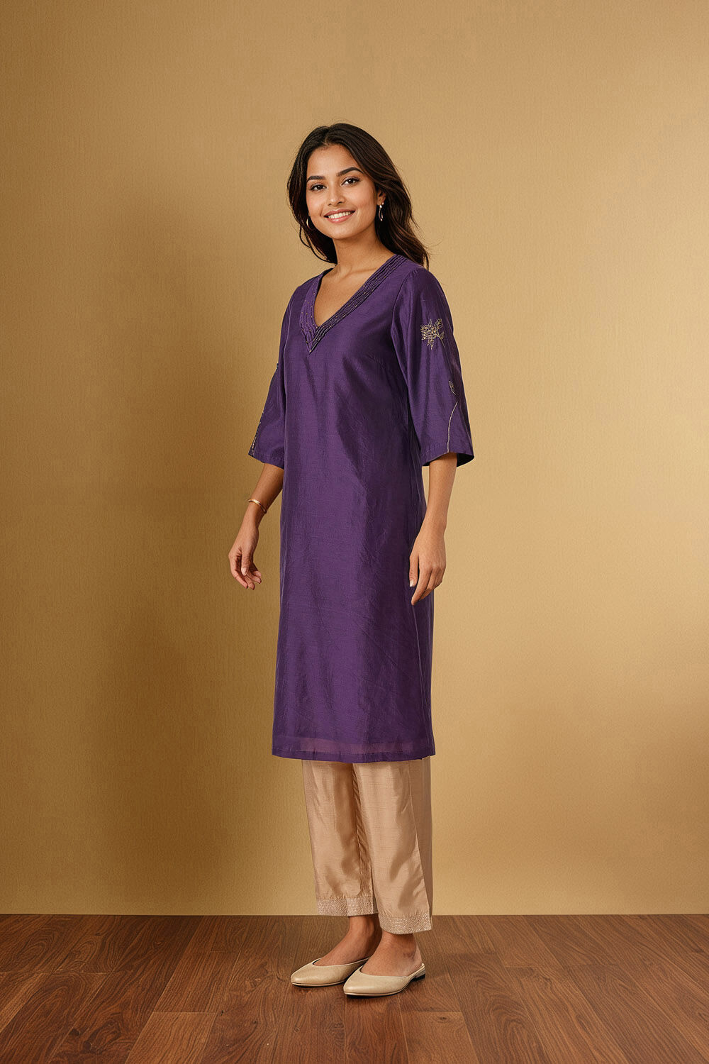 Dark Violet Embroidered Pure Silk Cotton Kurta image number null