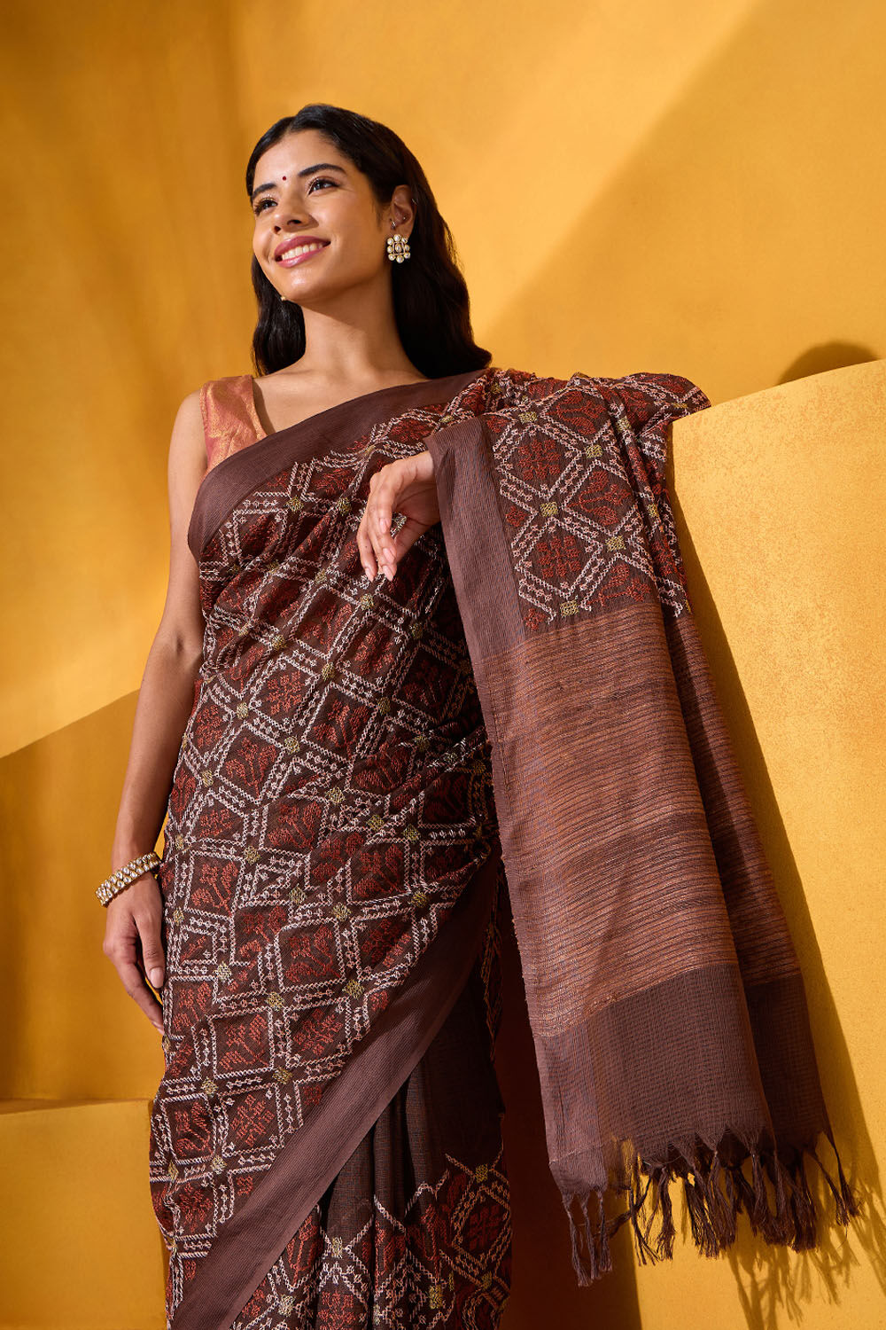 Brown Silk Modal Embroidered Saree image number null