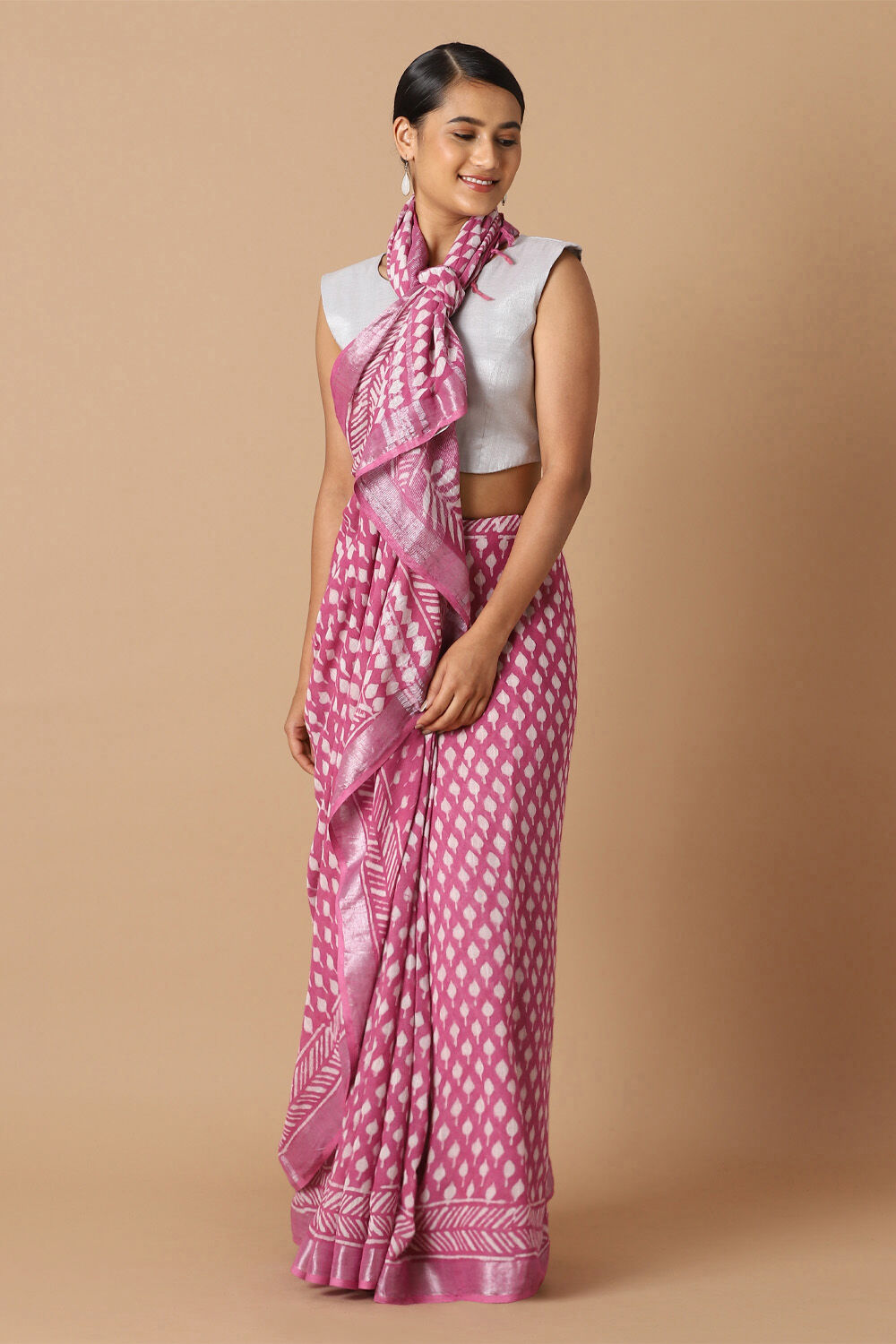 Dark Pink Pure Cotton Linen Bagru Printed Saree image number null