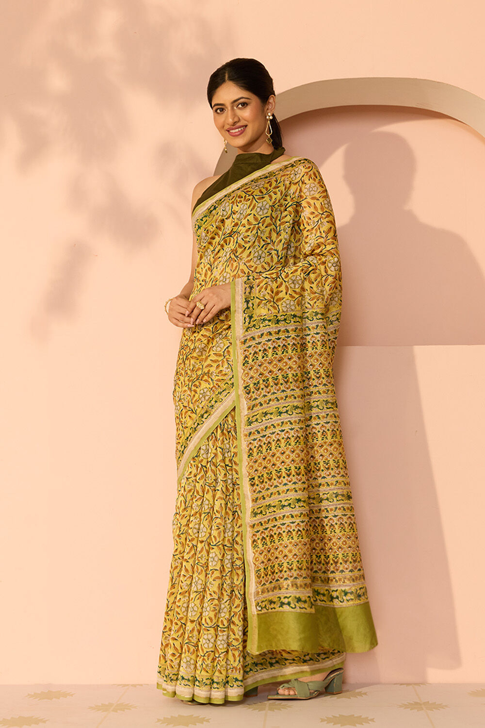 Yellow Rajasthan Pure Silk Cotton Printed Sanganeri Saree image number null