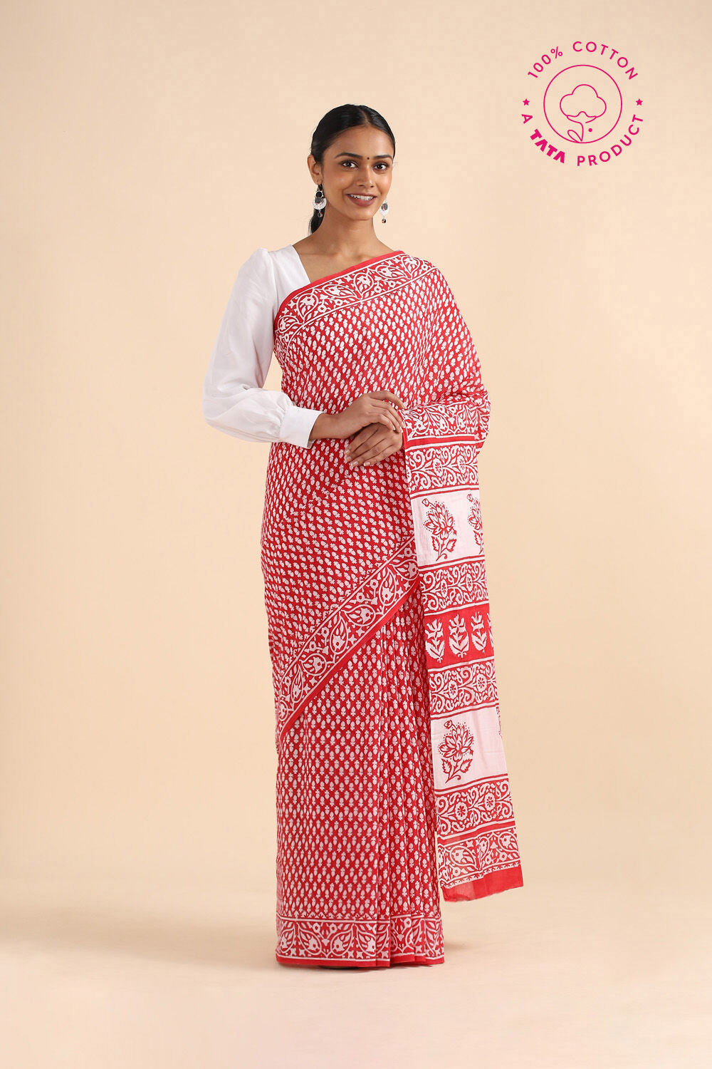 Red Pure Cotton Sanganeri Printed Saree image number null
