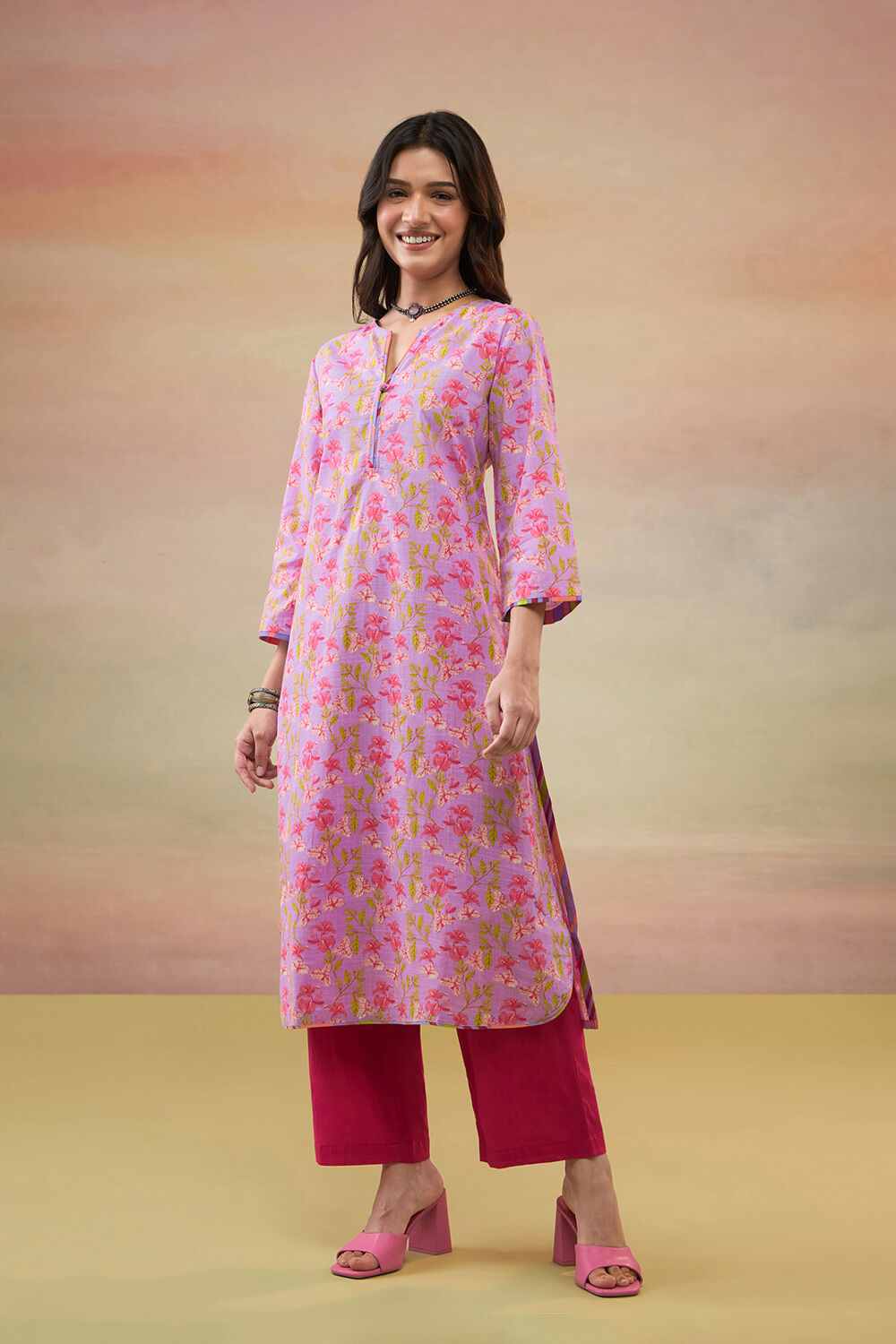 Light Violet Pure Cotton Screen Printed  Kurta image number null