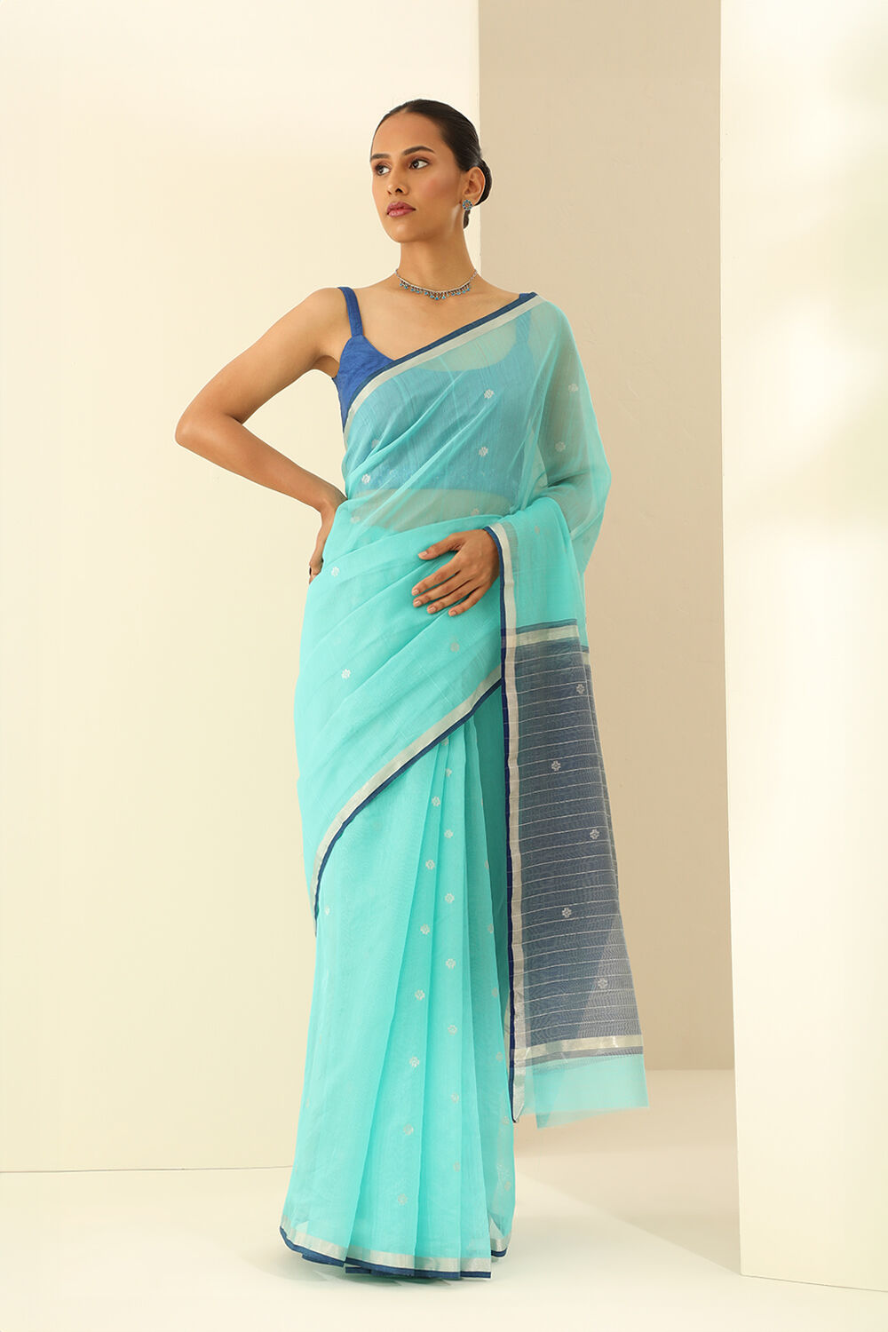 Light Bluish Green Pure Silk Cotton Woven Chanderi Saree image number null