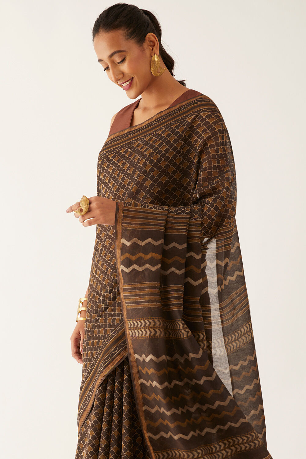 Brown Pure Silk Cotton Bagru Printed Saree image number null