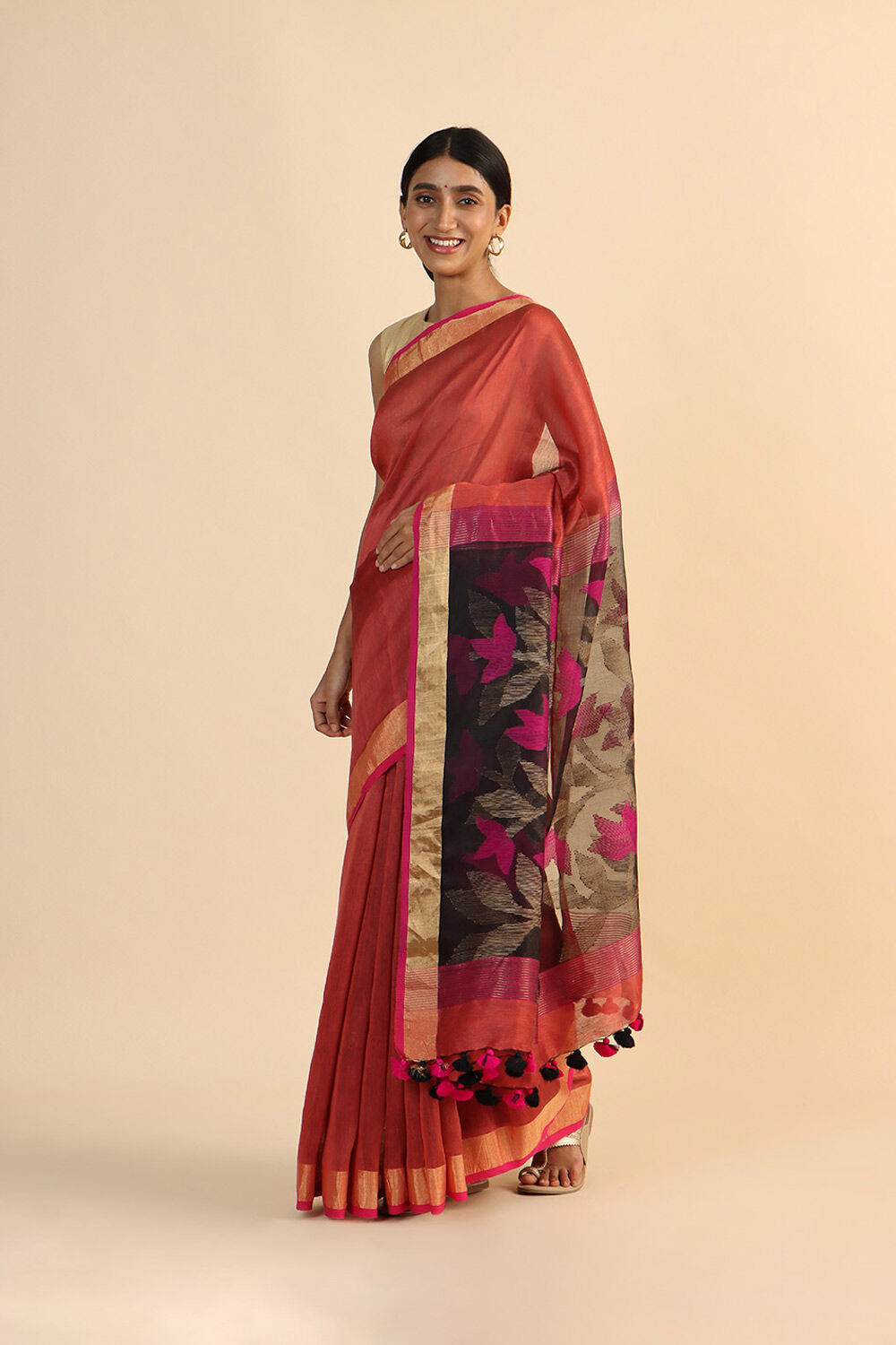 Light Pink Pure Silk Linen Jamdani Saree image number null
