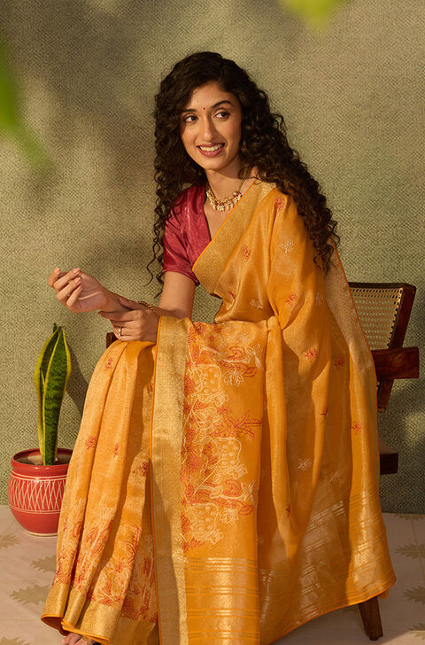 Orange Viscose Tissue Embroidered Saree