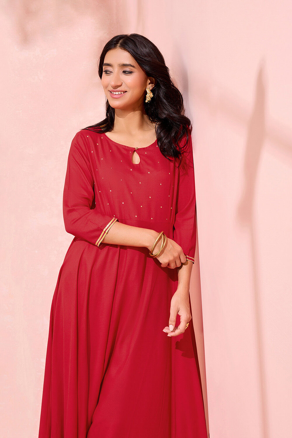 Red Viscose Embroidered Kurta image number null