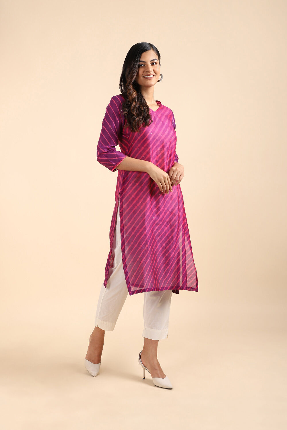 Violet Silk cotton Tie and Dye Leheriya Kurta image number null