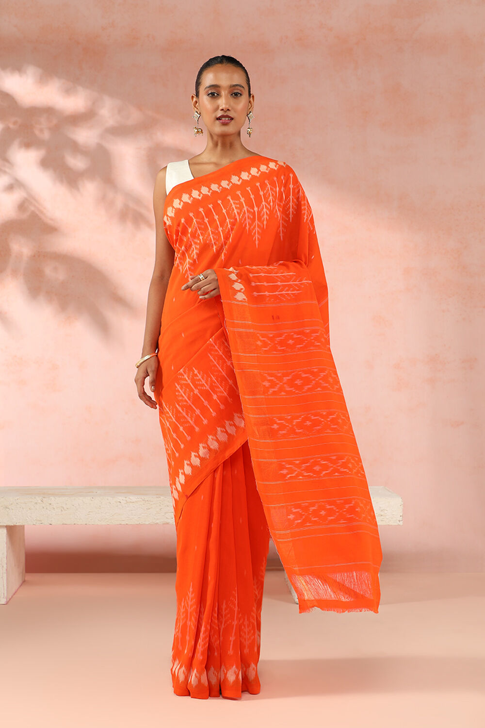 Orange Pure Cotton Pochampalli Ikat Saree image number null