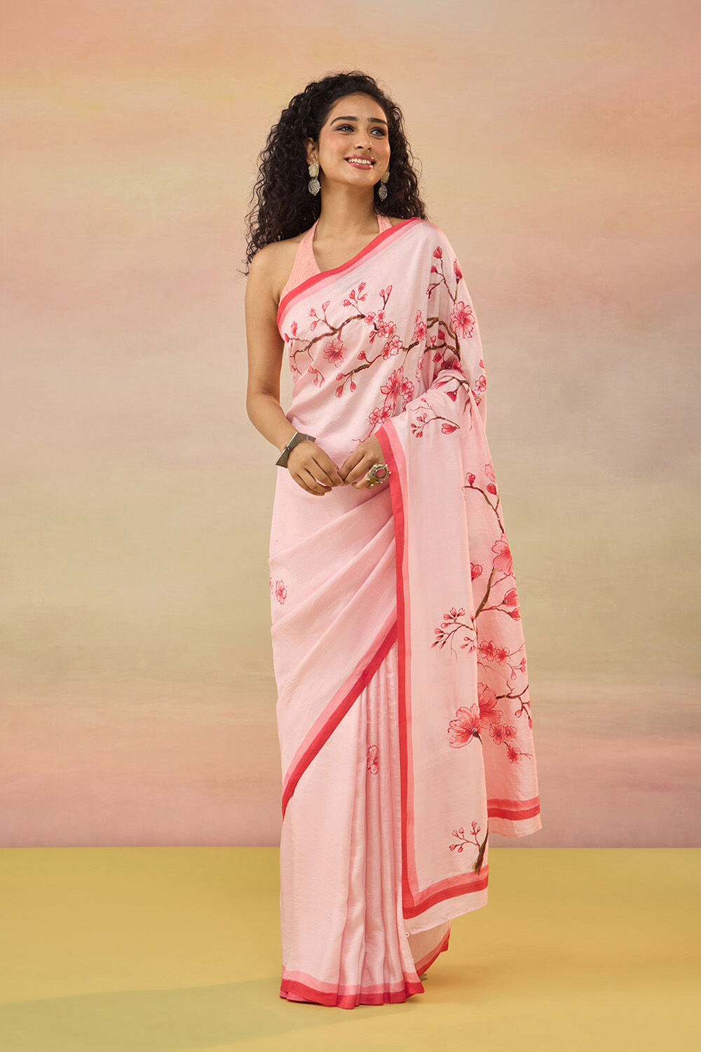 Light Pink Bengal Pure Silk Hand Painted Embroidered Saree image number null