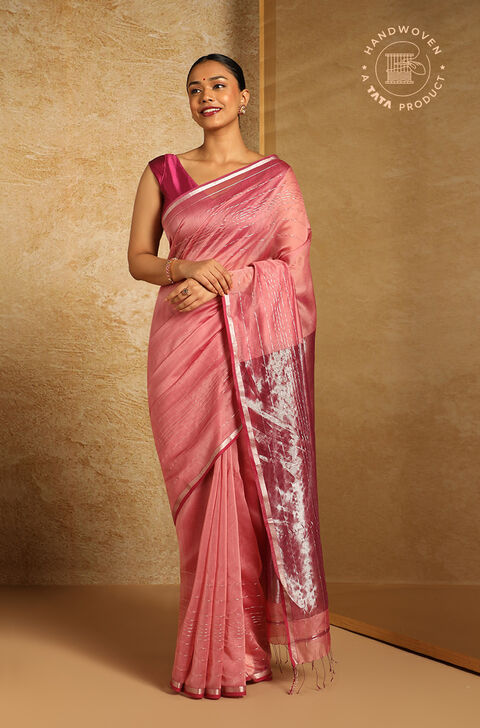 Pink Pure Silk Cotton Woven Maheshwari Saree