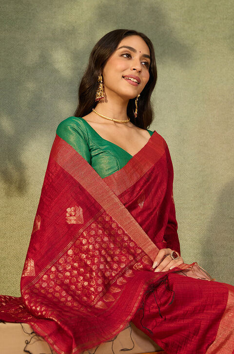 Dark Red Bengal Pure Silk Jamdani Saree