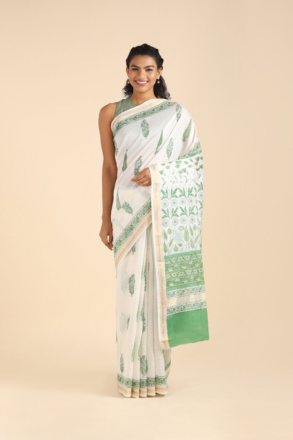 Off White Pure Silk Cotton Sanganeri Printed Saree image number null