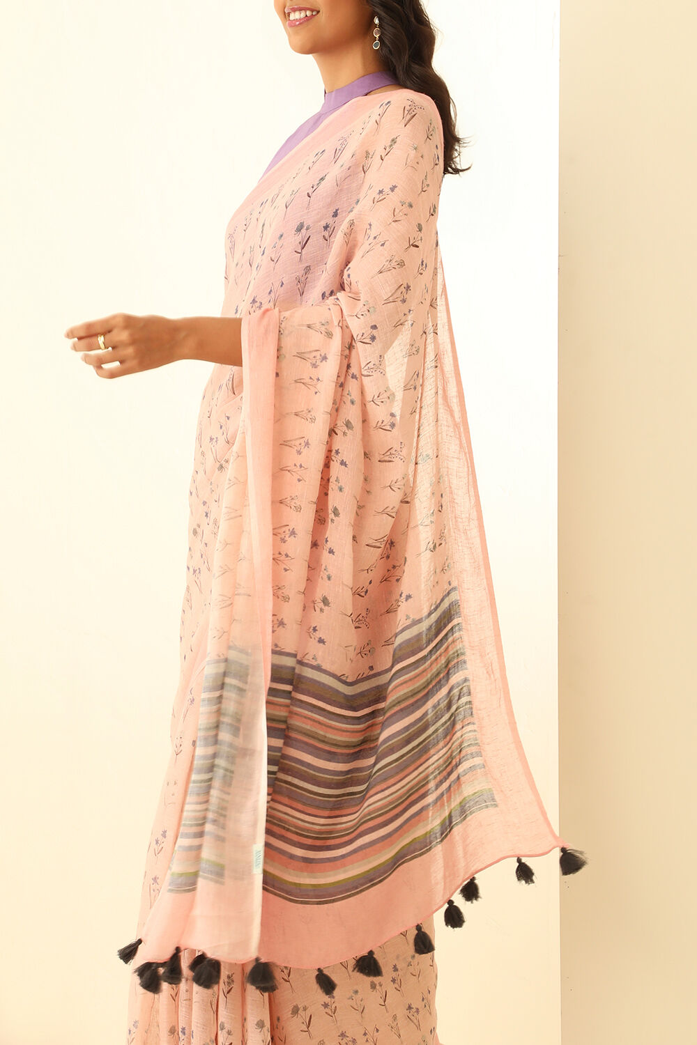 Light Pink Pure Linen Digital Print Saree image number null