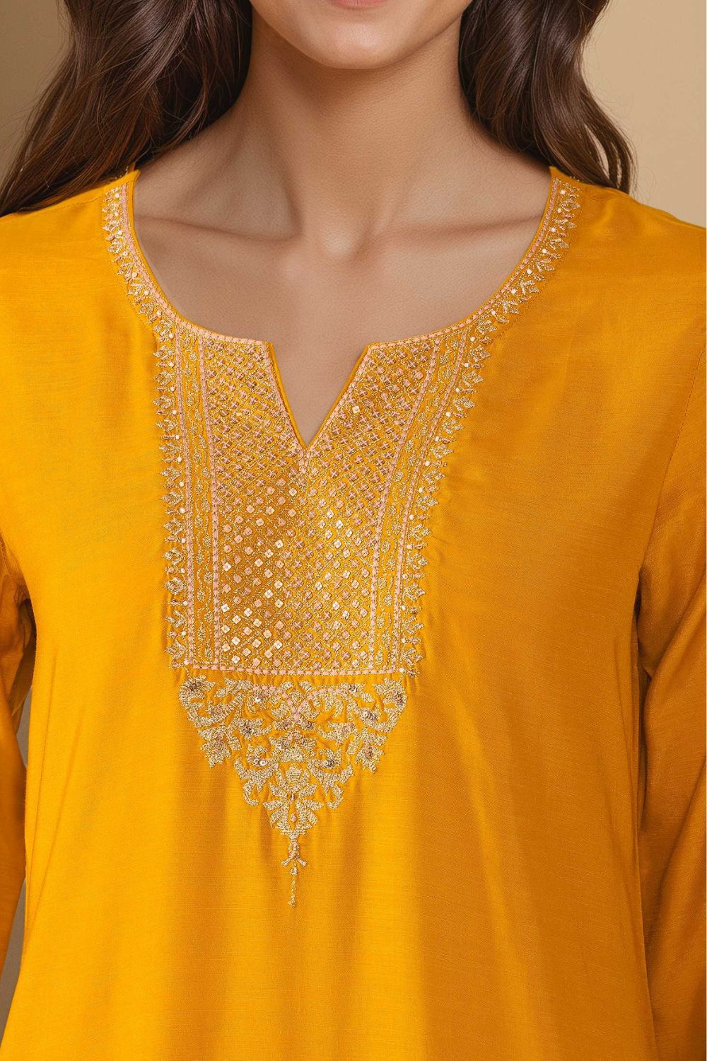 Dark Yellow Viscose Embroidered Kurta Set image number null