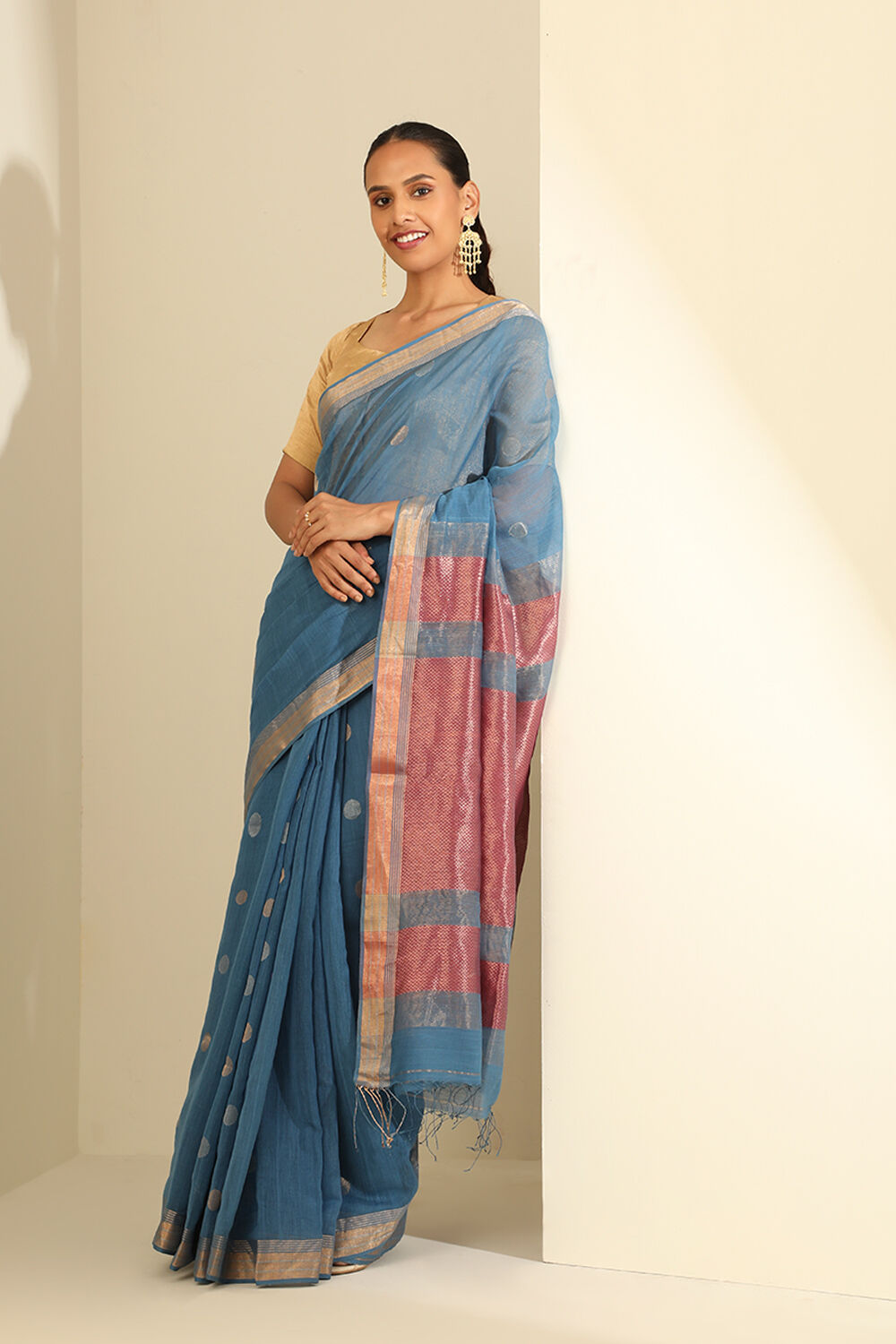 Light Blue Pure Silk Cotton Woven Bengali Saree image number null