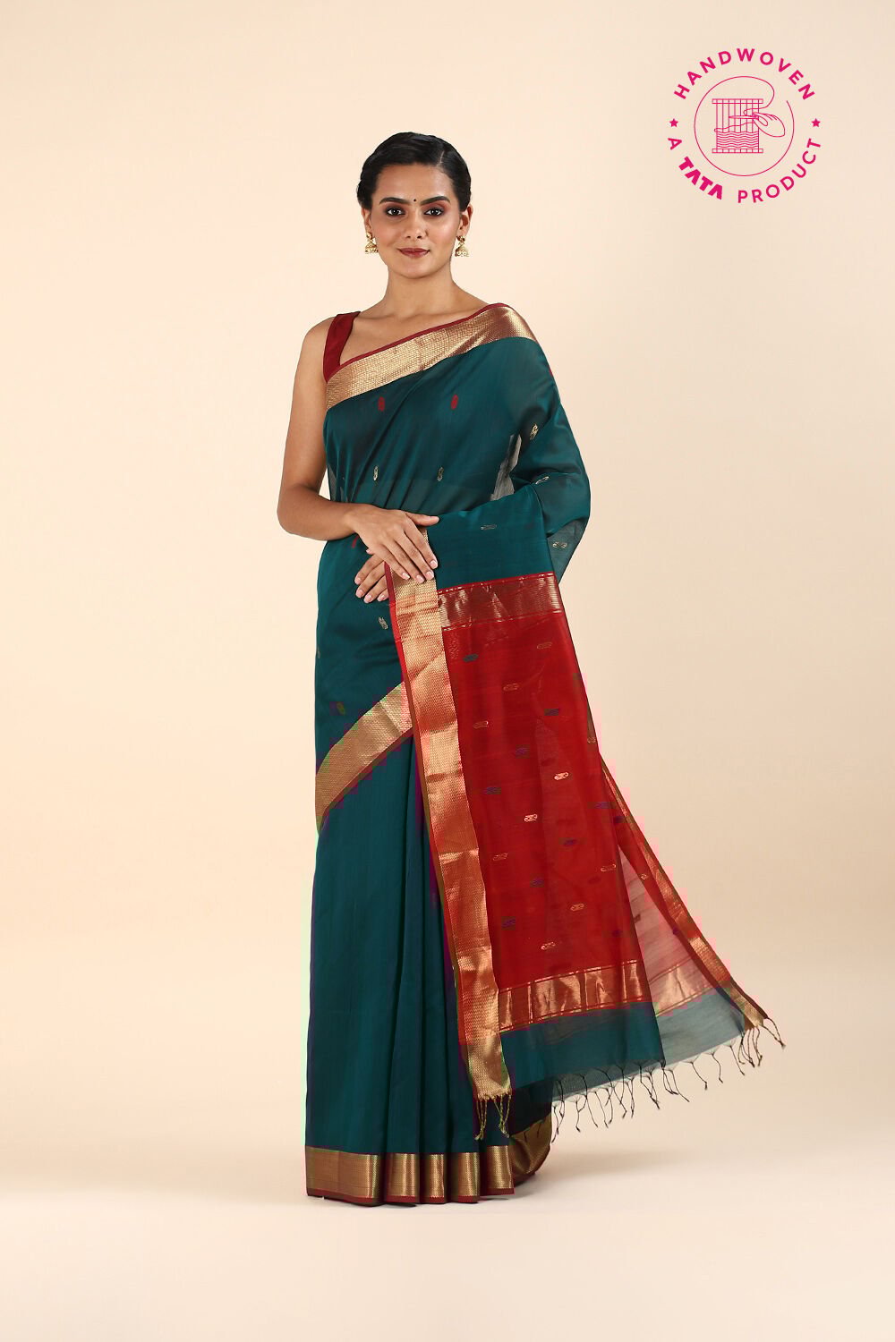 Dark Green Pure Silk Cotton Maheswari Saree image number null