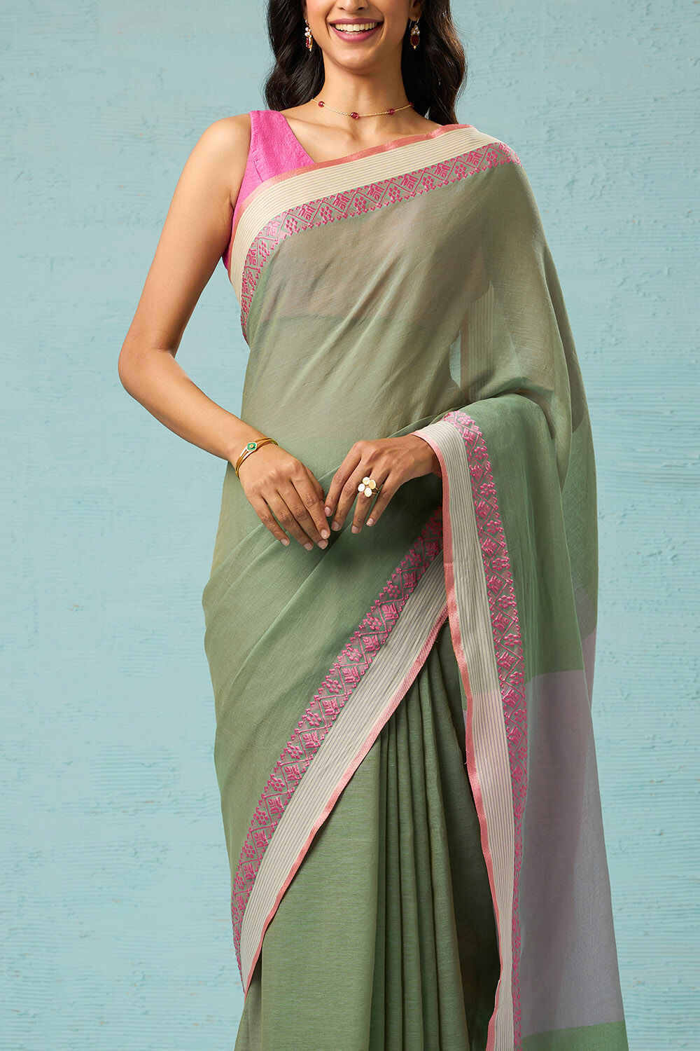 Green Woven Pure Cotton Bengal Saree image number null