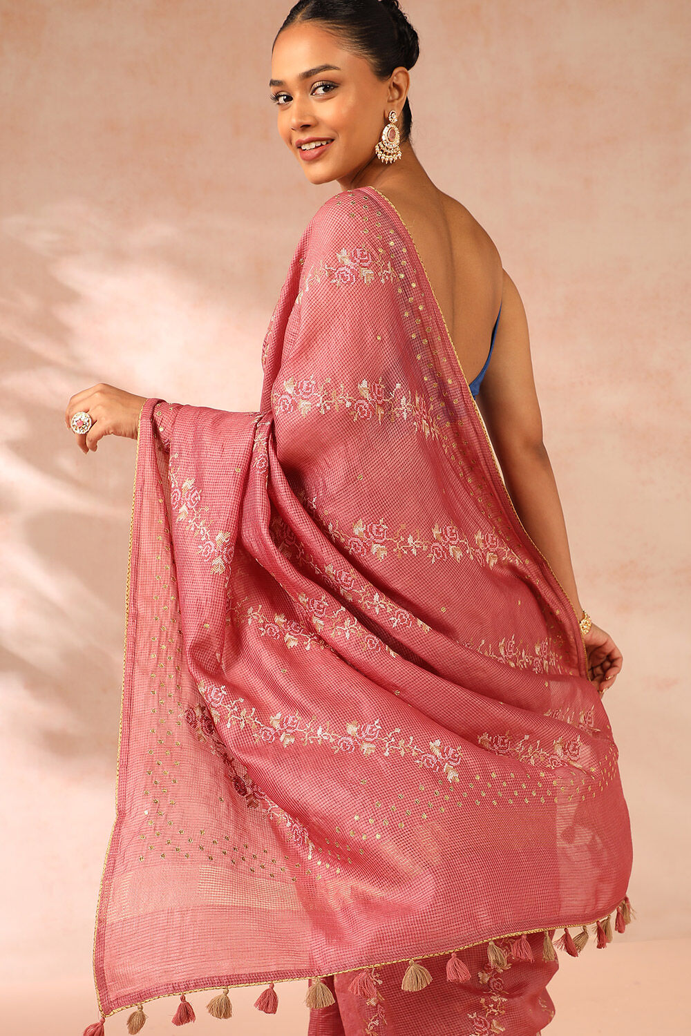 Pink Pure Tussar Silk Embroidery Saree image number null