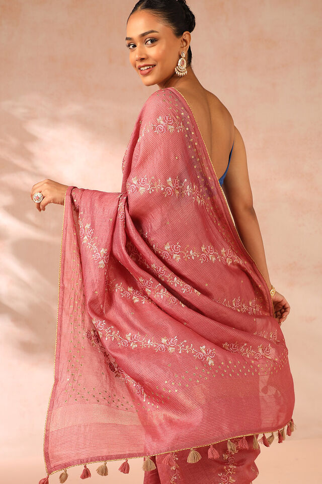 Pink Pure Tussar Silk Embroidery Saree