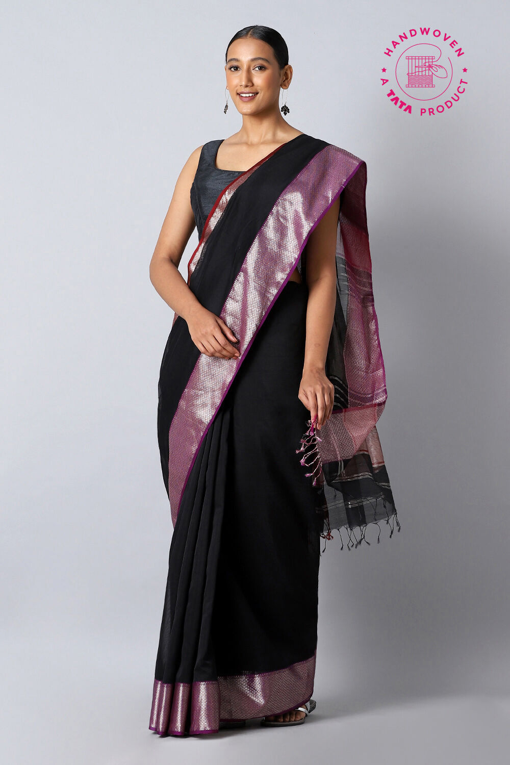 Black Pure Silk Cotton Maheswari Saree image number null
