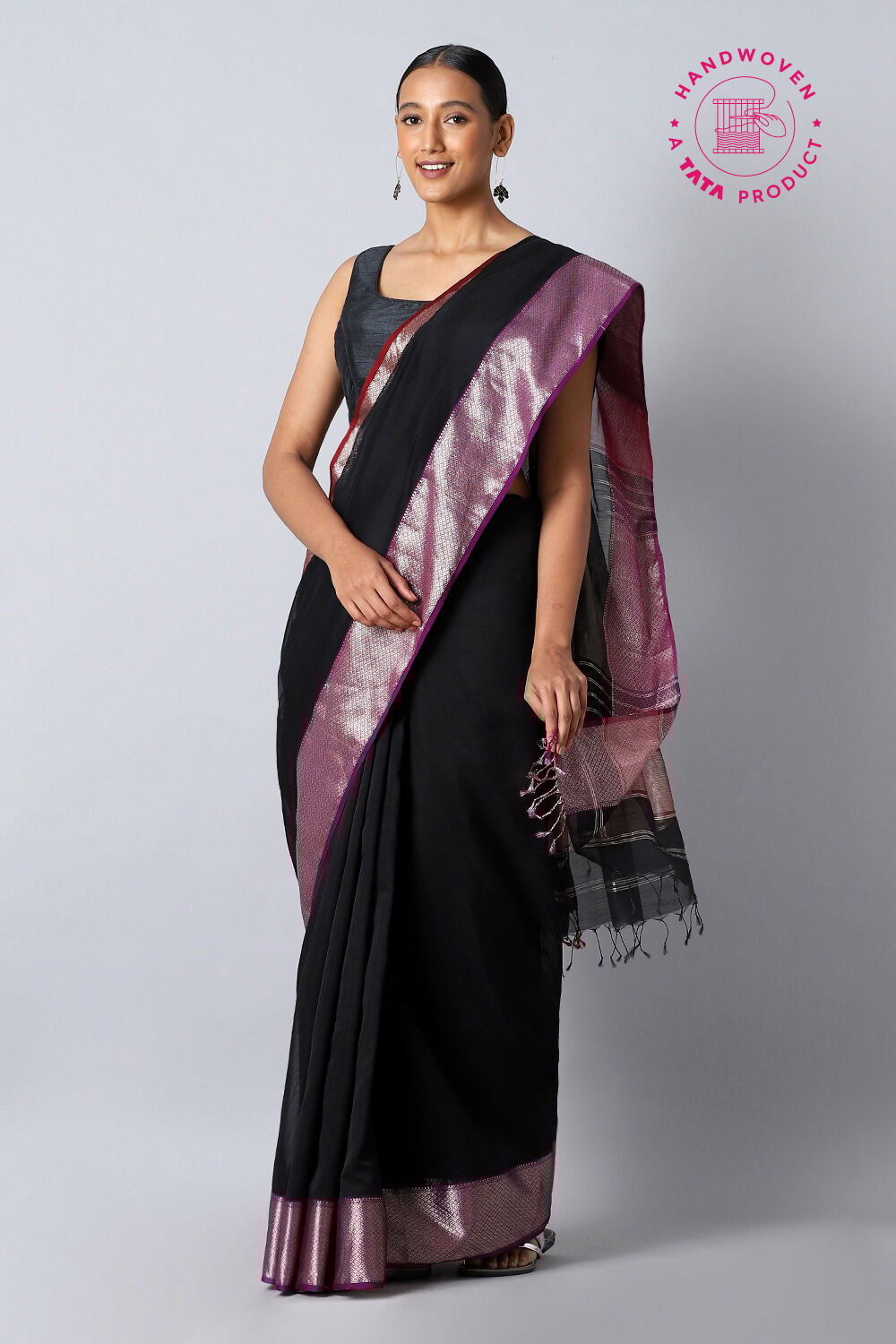 Black Pure Silk Cotton Maheswari Saree image number null