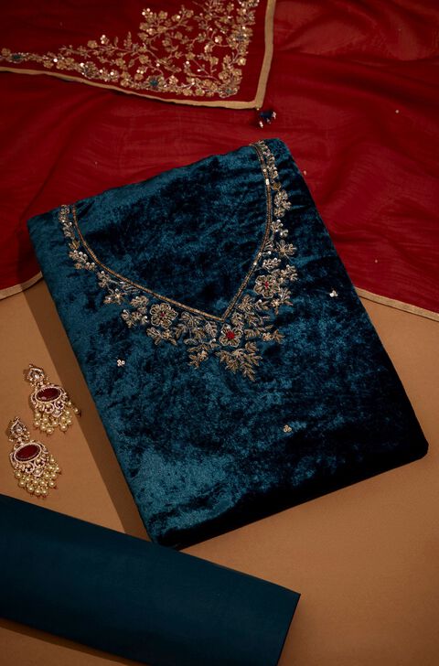 Dark Blue Velvet Embroidered Unstitched Suit Set