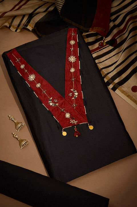 Black Pure Silk Cotton Printed Embroidered Unstitched Suit Set