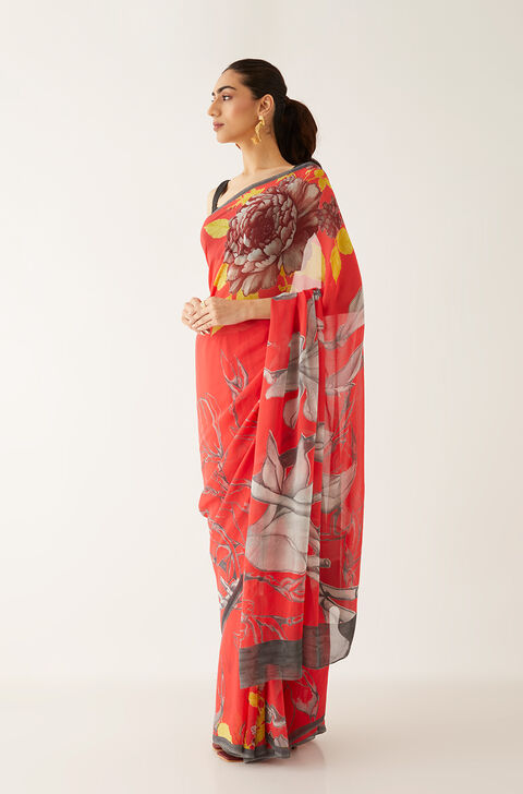 Red Viscose Georgette Printed Saree