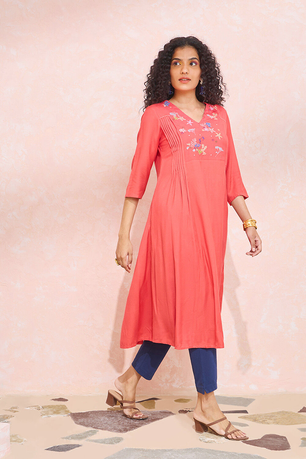 Orange Viscose Embroidered Kurta image number null