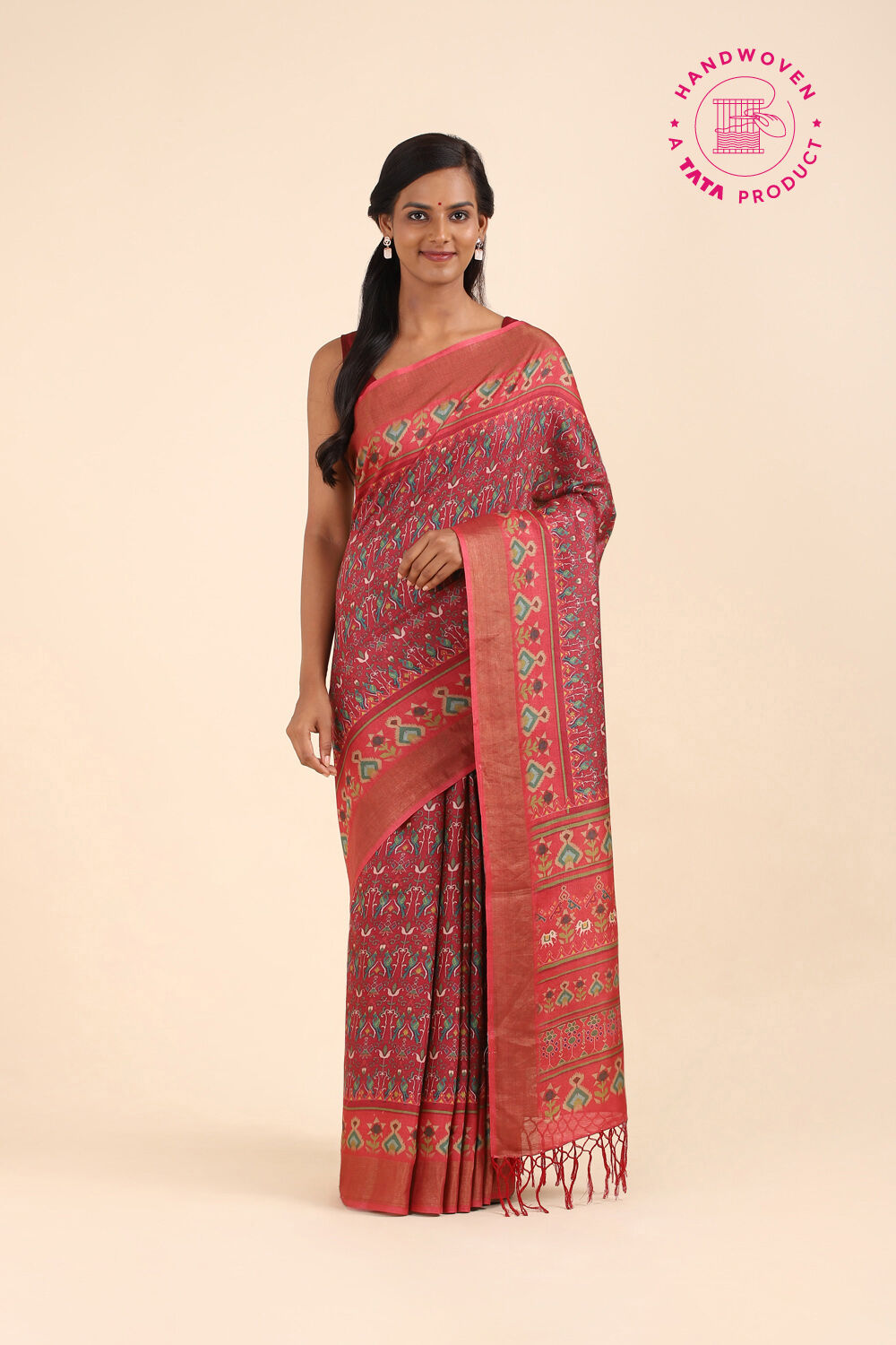 Red Pure Tussar Silk Digital Printed Saree image number null
