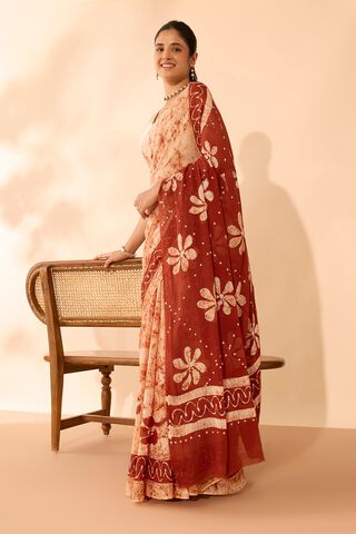 Dark Orange Ujjain Pure Cotton Batik Saree image number