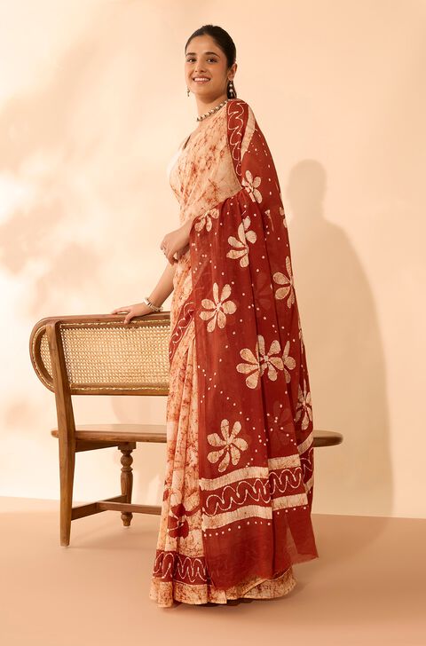 Dark Orange Ujjain Pure Cotton Batik Saree