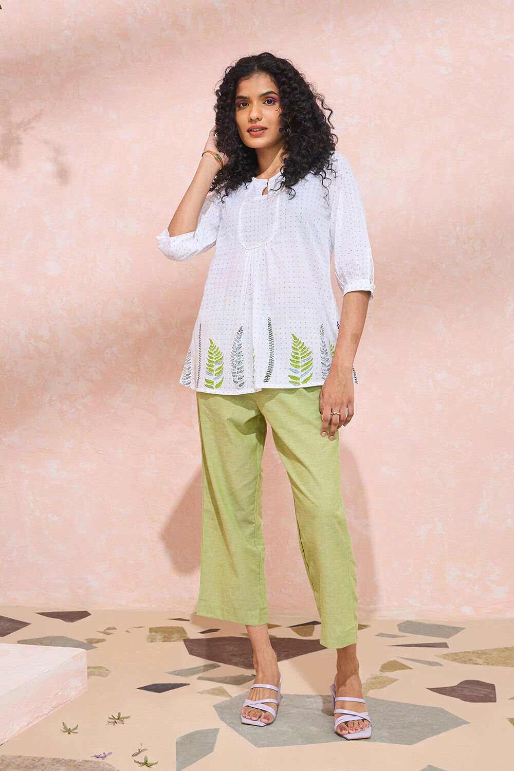 White Block Printed Pure Cotton Short Top image number null