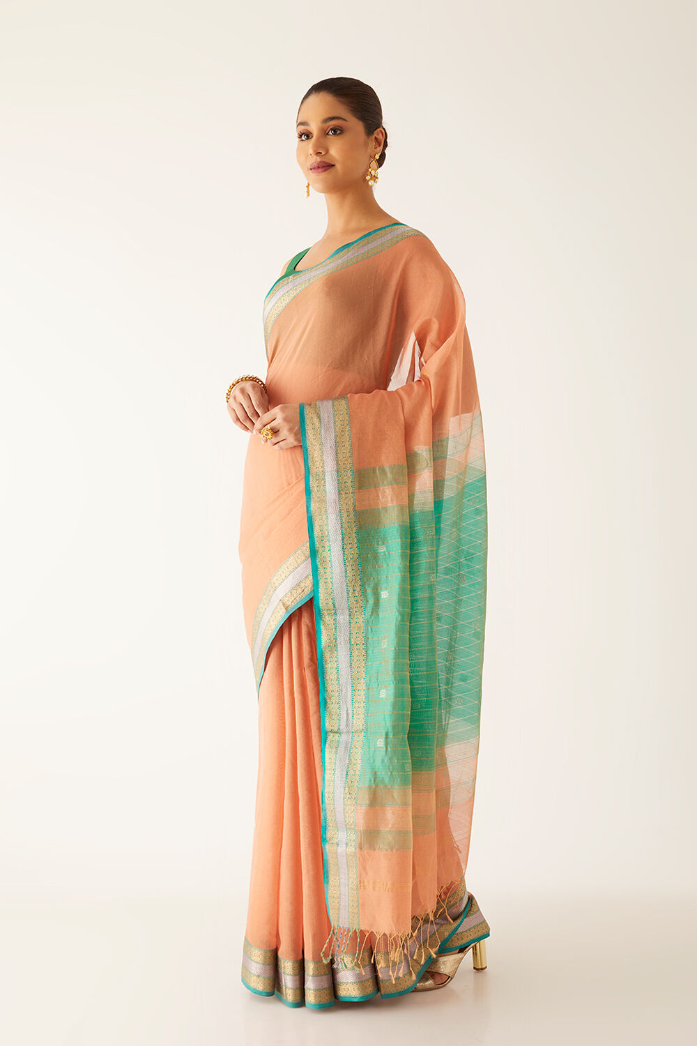 Light Orange Pure Cotton Tissue Maheshwari Saree image number null